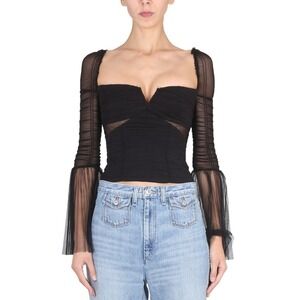Self-Portrait Black Stretch Crepe Flared Sleeve Crop Top NWT Size UK 6 US 2 $365